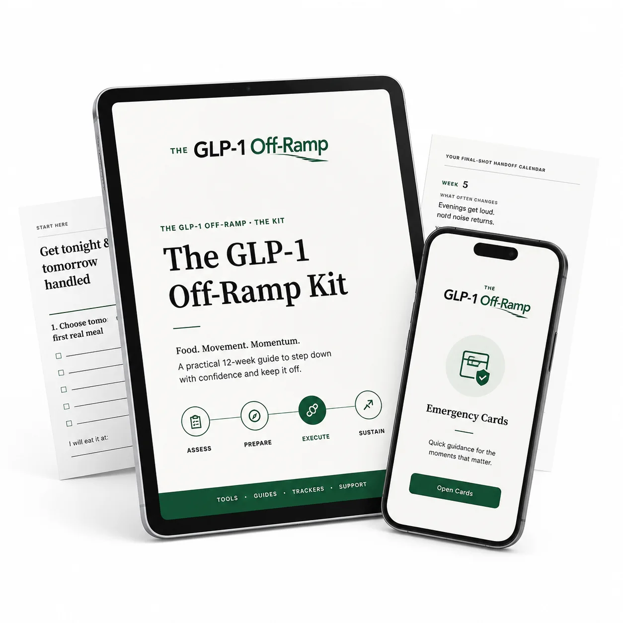The complete GLP-1 Off-Ramp Kit open on a tablet and phone.